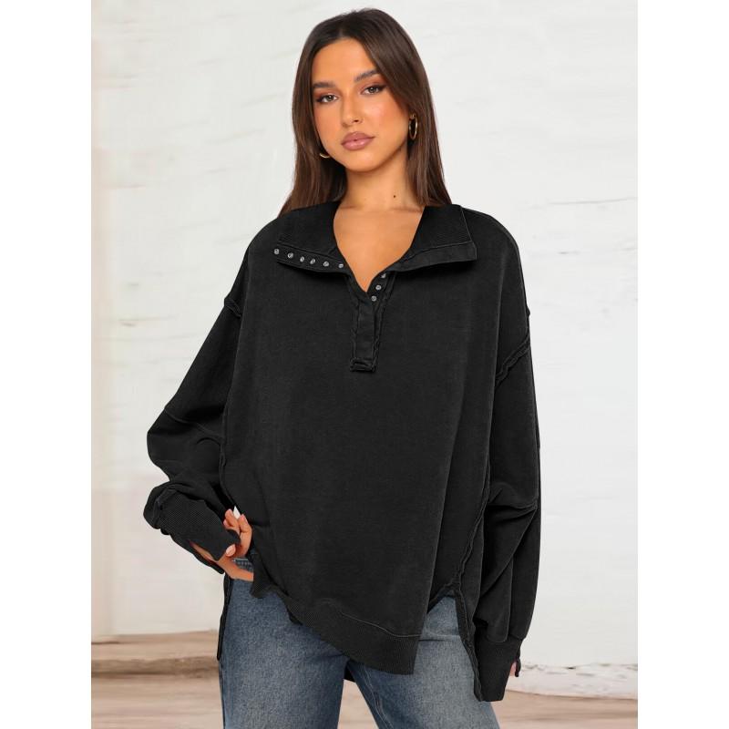 Damen Übergroßer Hoodie mit Puffärmeln und Polokragen, geteilter Saum, Streetwear Top