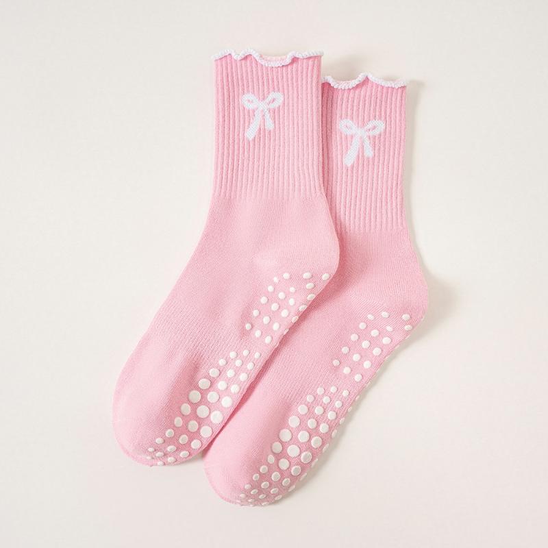 Women Pilates Grip Socks With Ruffle, Cute Non Slip Yoga Socks Bow Frilly Crew Sock For Barre Yoga Dance Workout Barefoot Fitnes