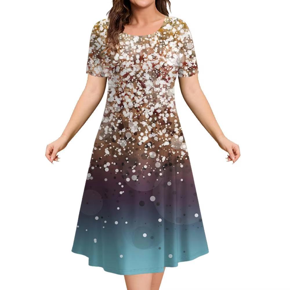 Elegant Women Short Sleeve Fashion 3d Print Midi Dress Plus Size Beach Clothing