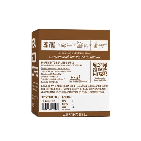 Sleepy Owl Hazelnut Ground Coffee Dip Bags | 10 Bags - Makes 10 Cups | Hot Brew - Have It As Black Coffee or with Milk