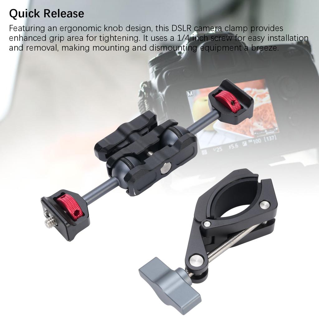 Camera Arm Mount Clamp 55mm Aluminum Alloy 360° Rotating Anti Slip Quick Release 1/4in Screw for Flash Microphone Monitoring Screen