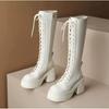 Women's White Lace-Up High-Heeled Martin Boots - British Style, Round-Toe, Thick-Soled, Side-Zip Knight Boots