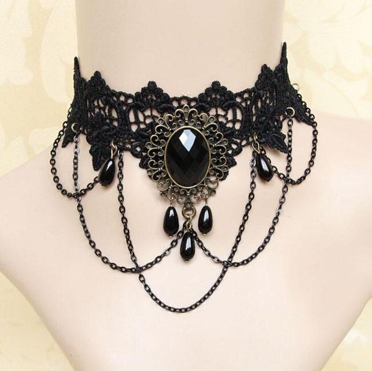 Colier Choker Gotic din Dantelă Neagră - Accesoriu Simplu Punk pentru Femei