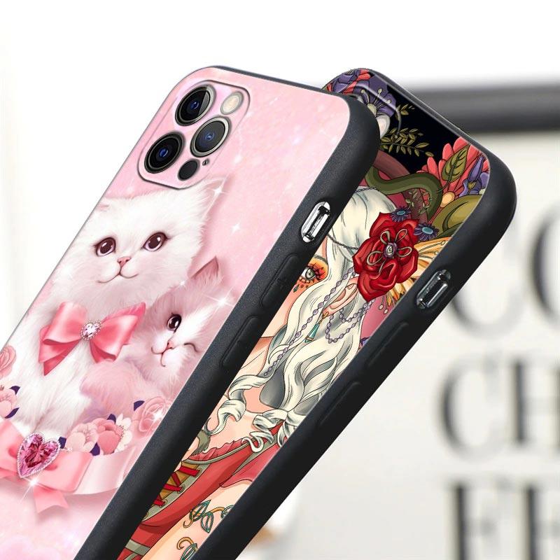 Apple Hülle für iPhone 11 12 13 mini Pro Max XS X XR 7 8 6 plus SE 2020 Weiche Silikonhüllen Cover Niedliche Cartoon Katze Blume Tier