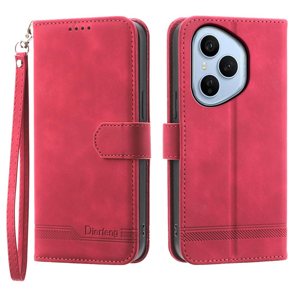 DIERFENG DF-03 For Honor 400 Pro 5G (Global) Case Lines Imprint Wallet Leather Phone Cover with Wrist Strap