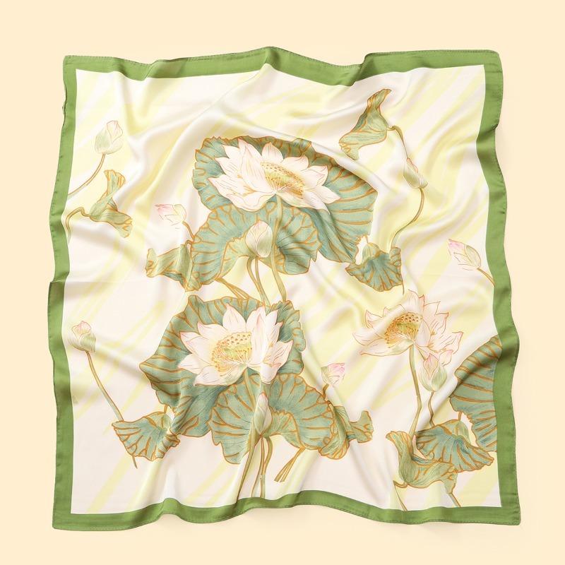 

68cm Green Lotus Printed Scarf New Spring and Summer Imitation Silk Scarf Fresh and Versatile Scarfs Shawl Headscarf
