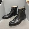 Fashion Luxury Ankle Boots Mens Dress Shoes Black Brown Blue Crocodile Print Genuine Leather Zip Buckle Wedding Office Chelsea Boots Men