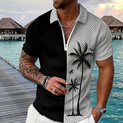 Herrenhemd Polo Casual Reißverschluss Kurzarm Mode Lässig Reißverschluss Sommer Frühling Normale Passform 3D Schwarz Kokosnussbaum Print Hemd