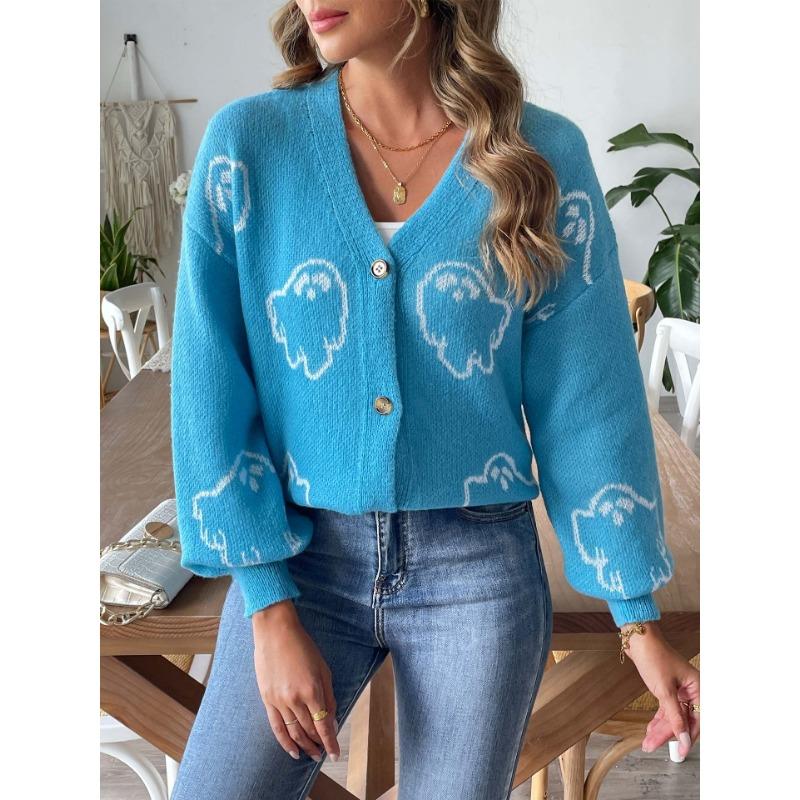 Women S Loose Fit Cartoon Jacquard Button V Neck Long Sleeve Cardigan Sweater S