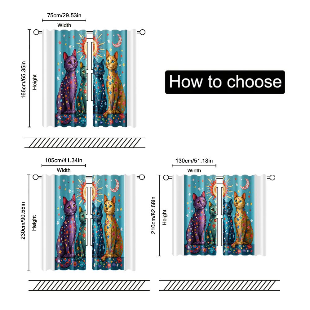 Set Of 2 Filtering Curtains Excluding Rods Non Movable Without Batteries Style Sun Moon Cats Use Bohemian Made Polyester