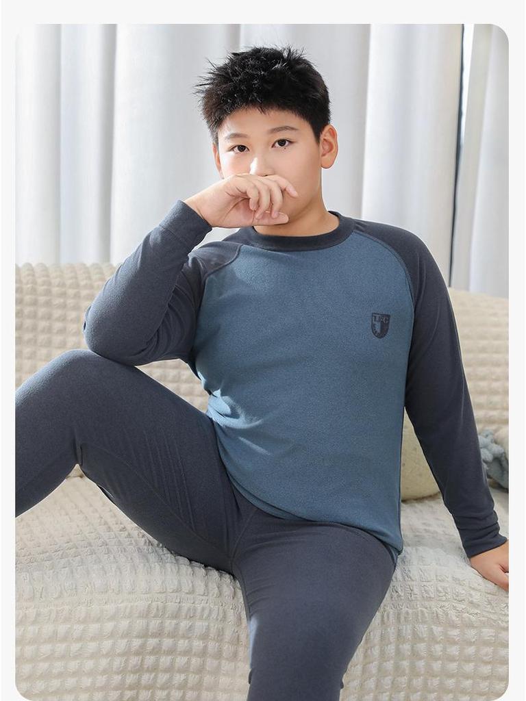 Cozy Kids' Patchwork Thermal Set: Antibacterial Boys' & Girls' Underwear and Pajamas for Autumn & Winter