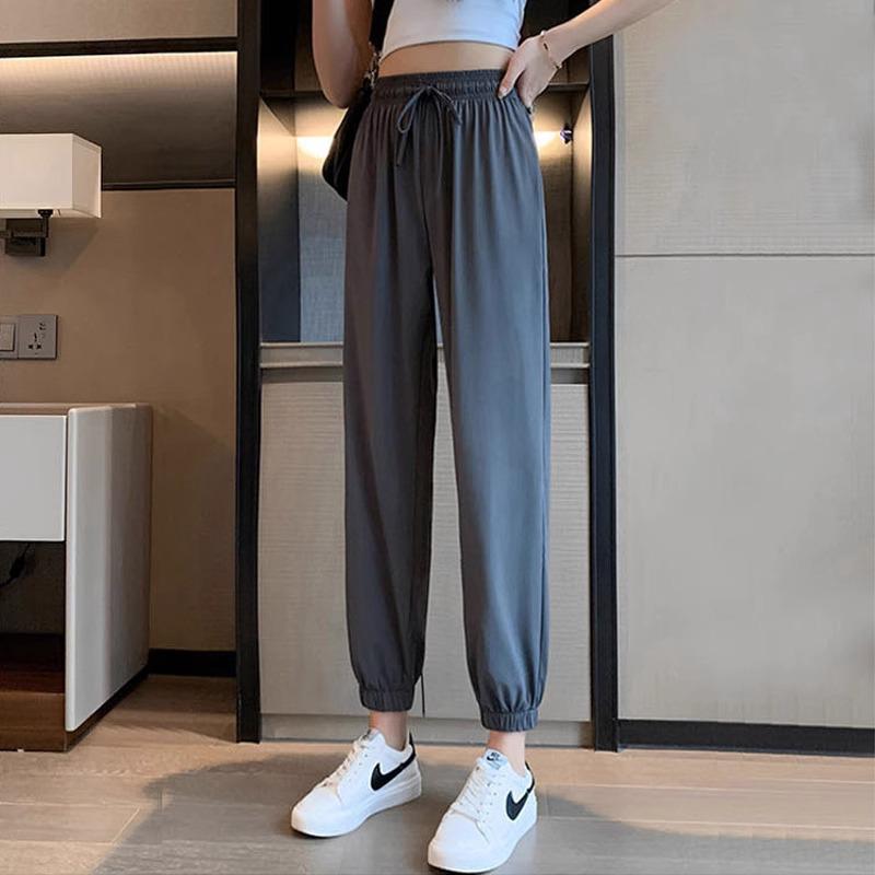 

Женские спортивные брюки большого размера из черного ледяного шелка с манжетами на щиколотках - Летние, свободного кроя, подходят для миниатюрных и грушевидных фигур. M (80-130 jin) темно-серого