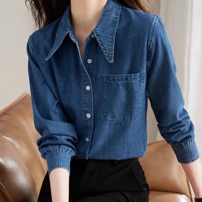 Damen Blaues Denim Hemd mit Knöpfen, Spitzkragen, Langarm, Brusttasche, Bluse, Lässiges Vielseitiges Denim Top