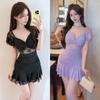 Sexy Lace Splicing Mesh Flying Sleeves Ruffle Edge Nightclub Fashion V-neck Hip-wrapped Bottoming Short Dress