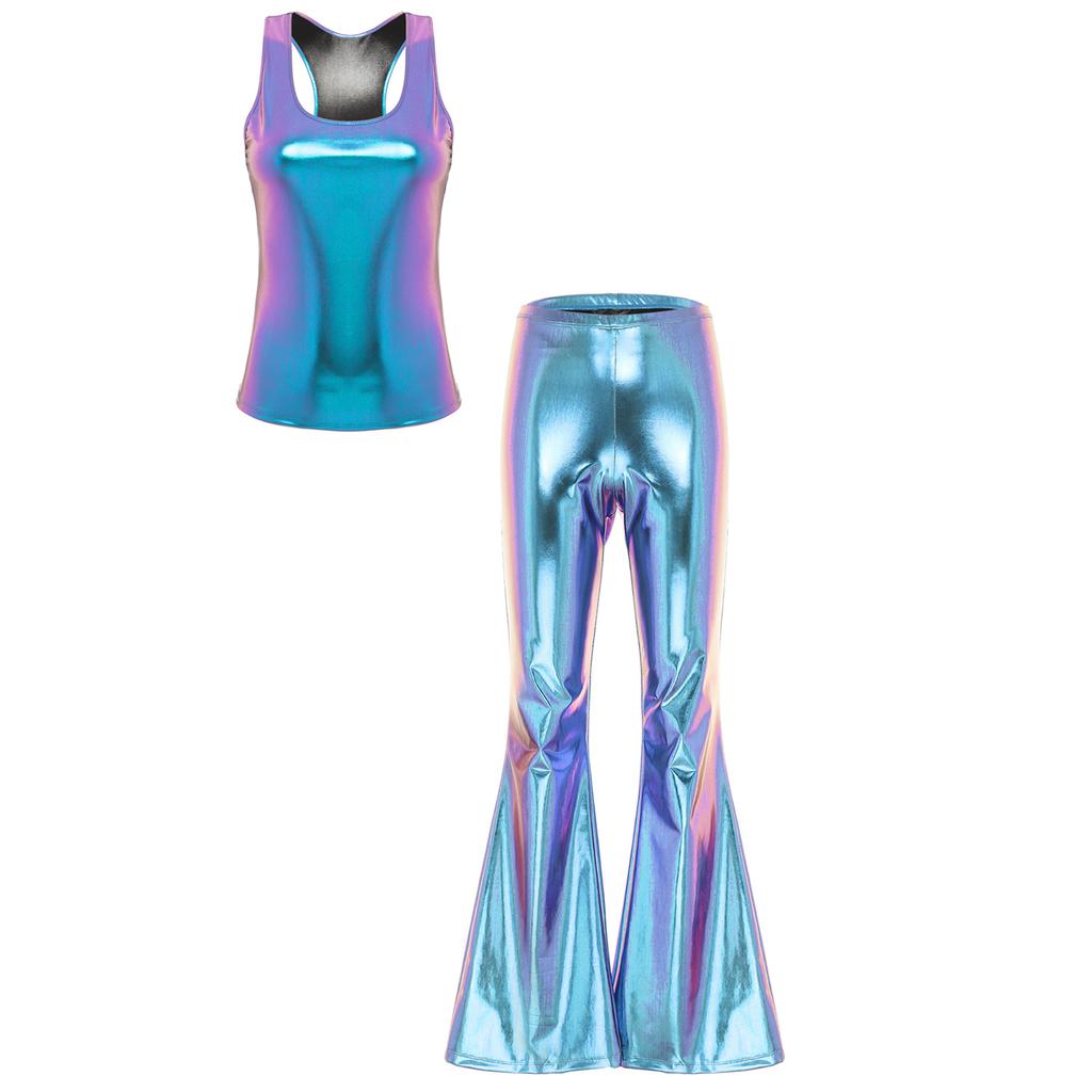 Womens Metallic Shiny Disco Outfit Sleeveless Racerback Tank Top with Flared Pants Elastic Waistband Partywear
