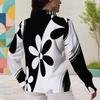 Women Plus Size Collared Long Sleeve Black White Abstract Floral Printed Button Down Shirt