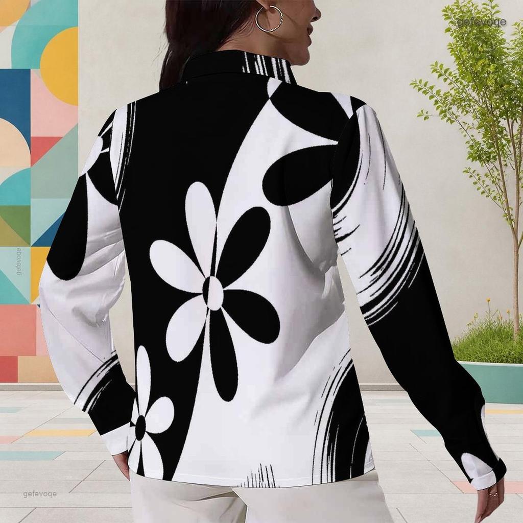 Women Plus Size Collared Long Sleeve Black White Abstract Floral Printed Button Down Shirt