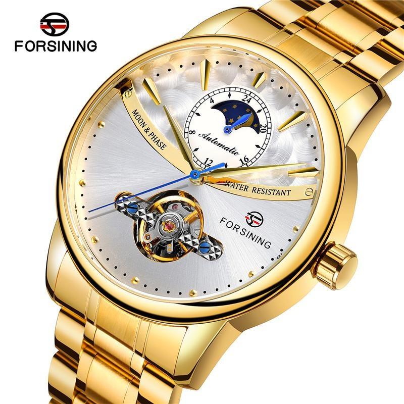 FORSINING Men's Moon Phase Tourbillon Watch Luxury Self-wind Mechanical Automatic Waterproof Retro Watches Stainless Steel Band Wristwatch