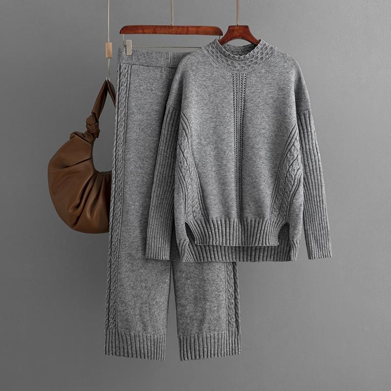 Fashion suit women's autumn and winter new casual solid color loose knitted semi-turtleneck sweater two-piece set