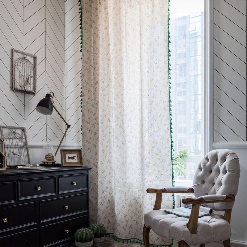 American Style Cotton Linen Small Floral Printing Green Tassel Window Curtain Semi-shading Drapes Living Room Bedroom Kitchen
