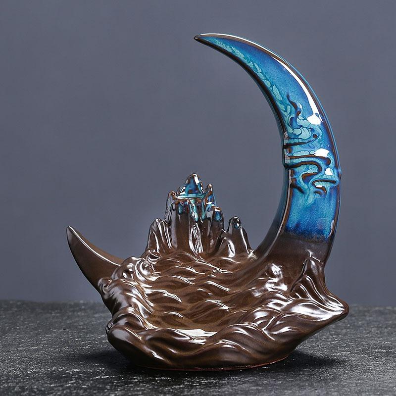 Mountain Moon Night Ceramic Backflow Incense Burner Zen Home Decor for Meditation Relaxation Aromatherapy Gift