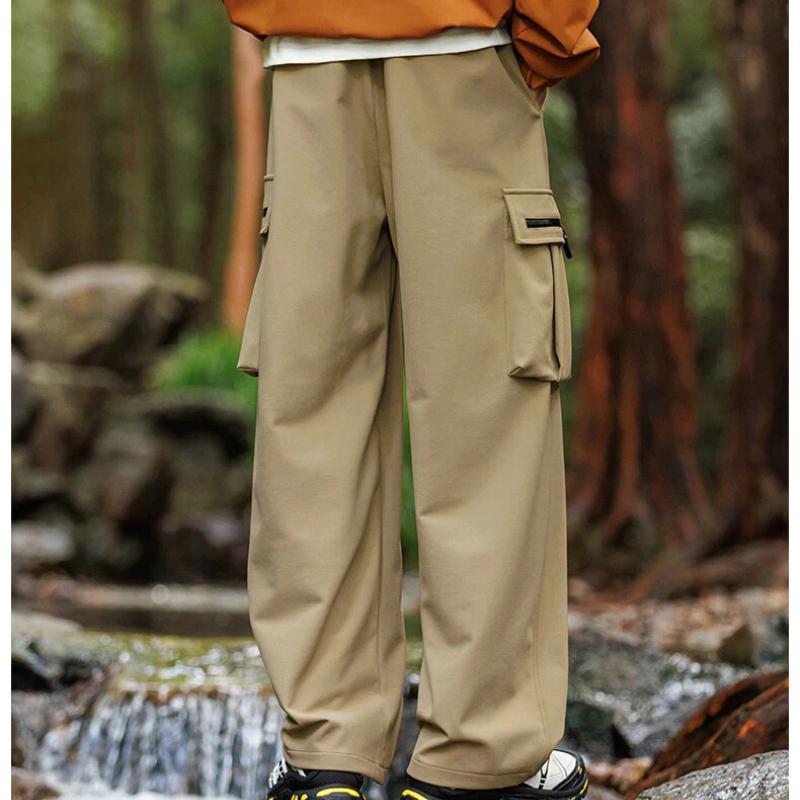 Spring Autumn Drawtring Waist Wide Leg Solid Pants Men Loose Casual Vintage Cargo Trousers