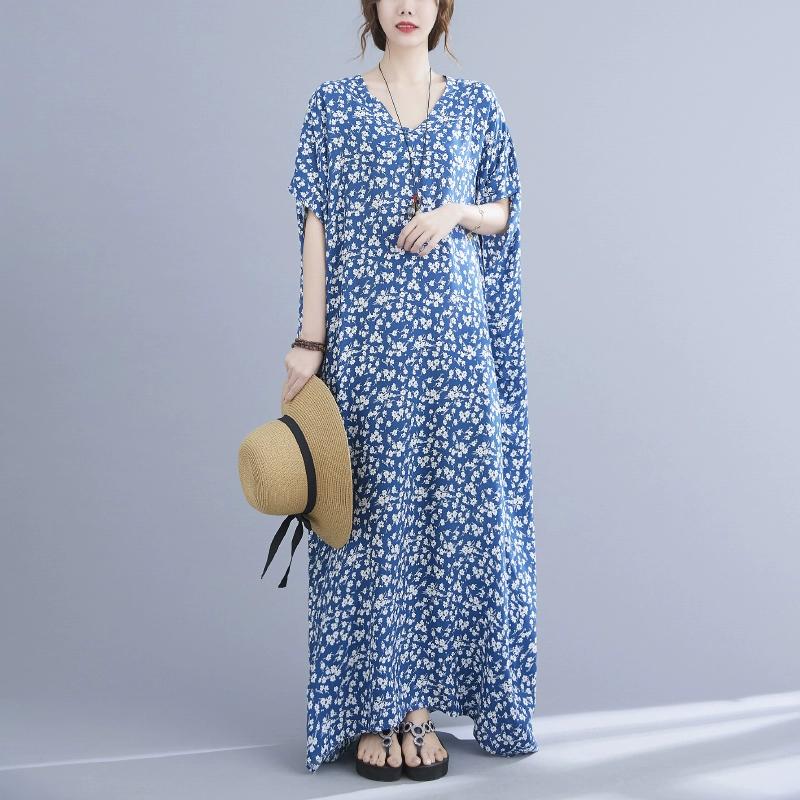 Dimanaf 2024 Plus Size Dress Women Summer V-Neck Sundress Bohemian Floral Print Loose Big Oversize Maxi Dress 5112