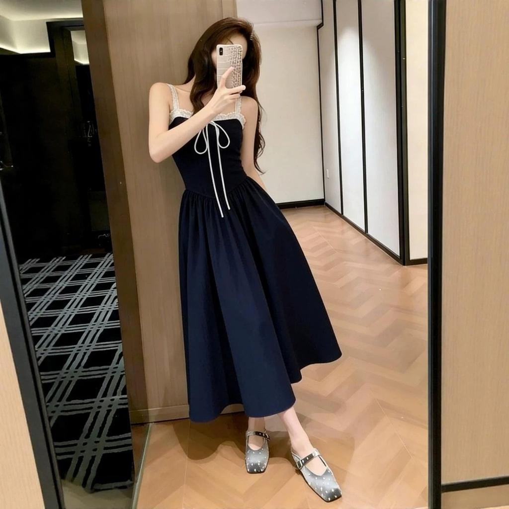 French temperament lace lace-up suspender dress women's summer sexy pure desire wind waist thin tube top long dress
