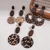 Wood acrylic leopard print hollow geometric round silver needle earrings autumn and winter retro earrings