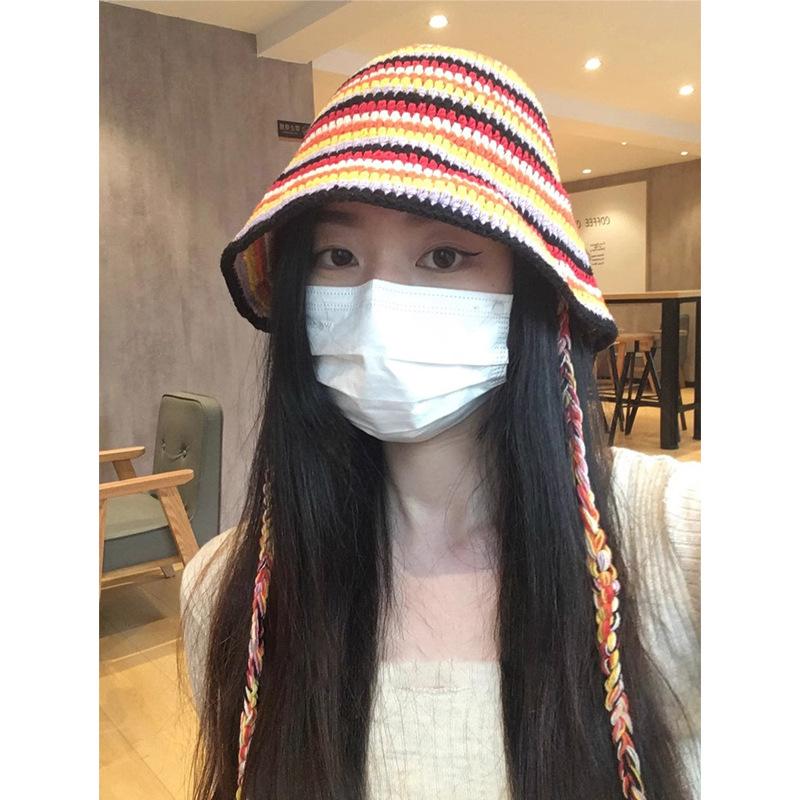 

Niche design color matching striped handmade knitted bucket hat female face small cute lace-up basin hat sun hat average size помаранчево-червоний