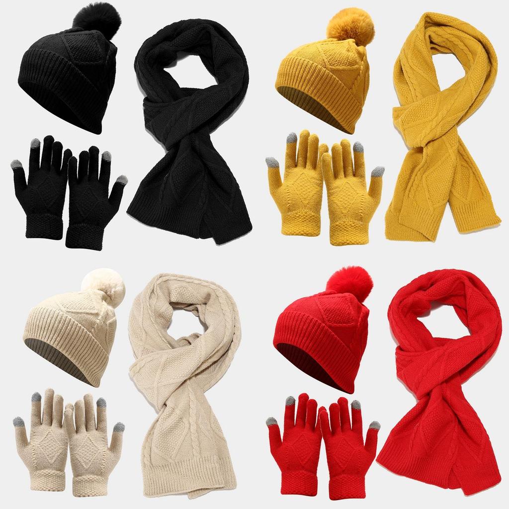 Adult Knitted Hat Scarf Gloves Set With Thick Warmth For Winter Outdoor Use