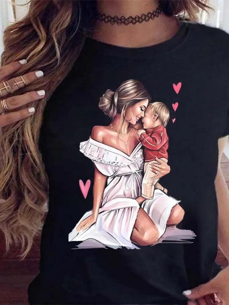Cartoon Mother and Son Daughter Printed Women's T-Shirt Summer Casual Harajuku Mom Printed Short Sleeves