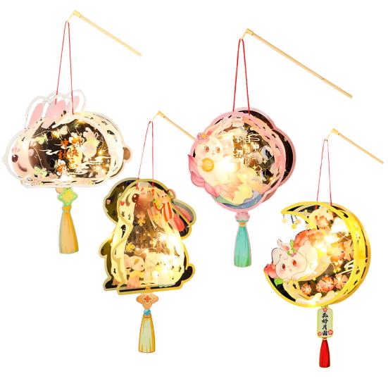Chinese DIY Rabbit Lantern Kit Mid-Autumn Festival Handheld Glowing Lantern Retro Rabbit Lamp for Spring Festival New Year Party Decor