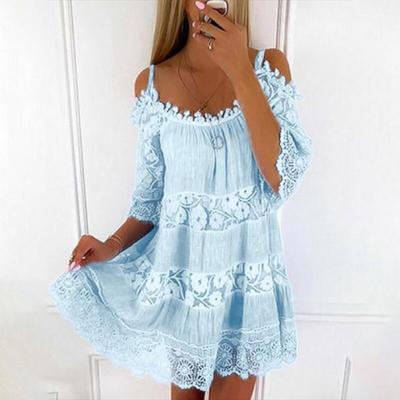 Casual Loose Sweet Dress Summer Short Sleeve Sexy Off Shoulder Camisole Lace Dress Solid Color O-neck Short Mini Dresses 26249