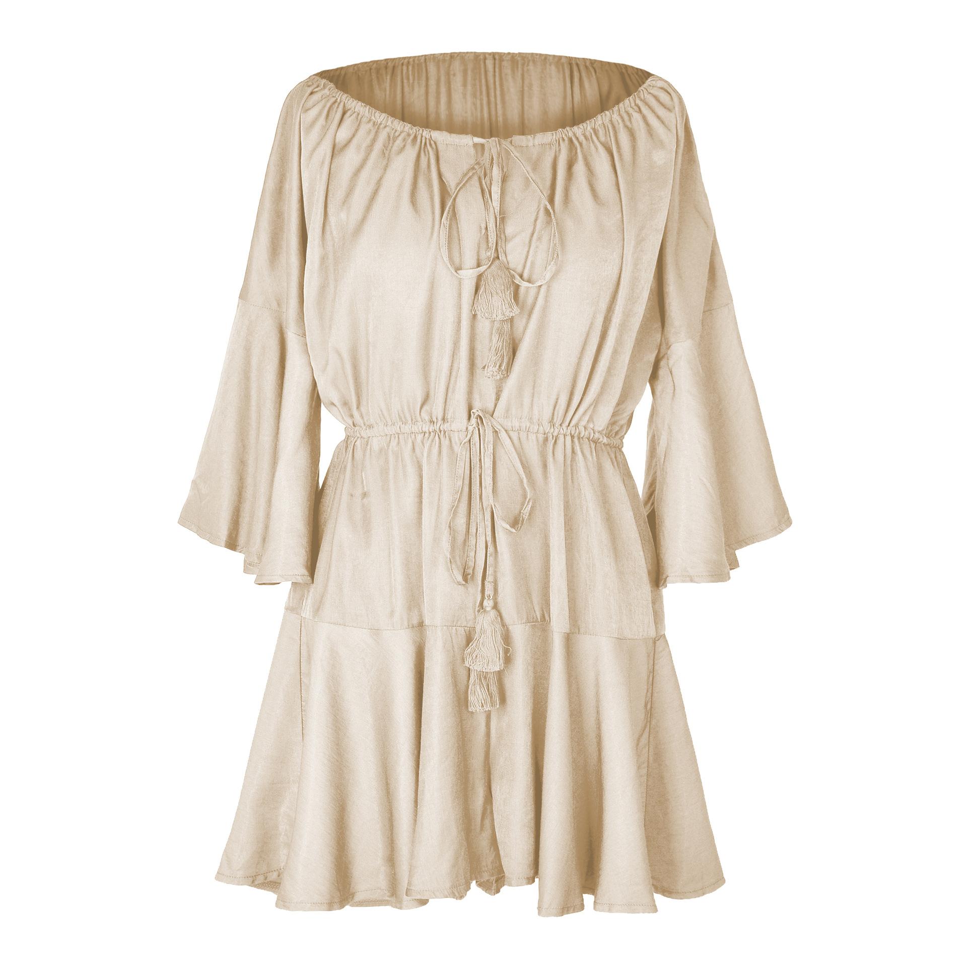 

Модное женское свободное платье с регулируемым воротником и одним словом, однотонное платье с высокой талией и шнуровкой на шнуровке, с расклешенными рукавами L бежевый