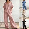 Zweiteiler für Damen Knopfleiste V-Ausschnitt Kurzarm-Oberteil und Kordelzug Lange Hose Sommer Lounge-Sets