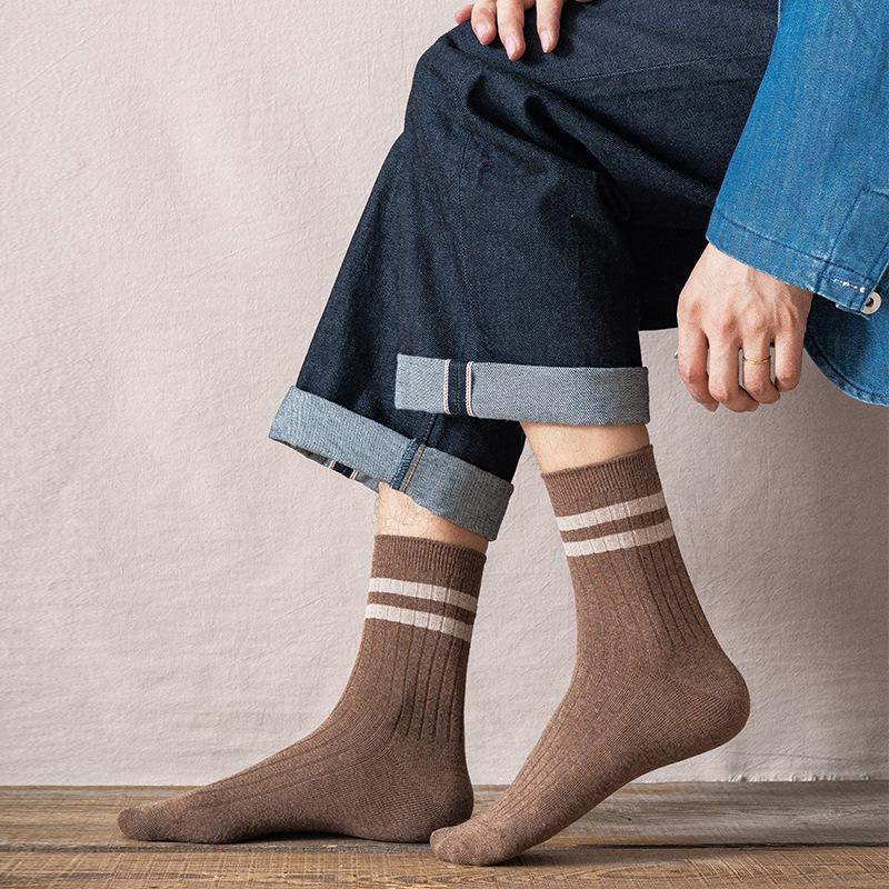 Pánské jarní a podzimní ponožky střední délky, klasické sportovní podkolenky se dvěma pruhy, odvádějící pot a prodyšné, všestranné bavlněné ponožky
