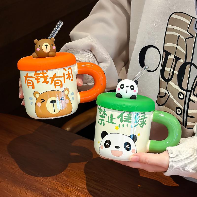 Ceramic Cute Bear Water Cup Straw Cup With Lid Ceramic Coffee Mug Beer Christmas Cups Funny Mugs Personalized Gift Drinkware Bar