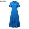ZANZEA Womens Summer Short Sleeve Casual Pleated Dress