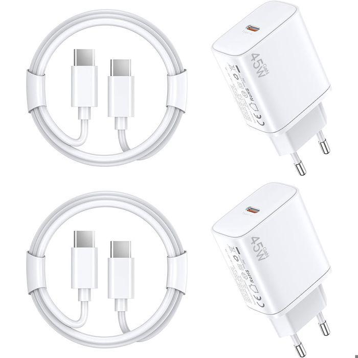 Chargeur Rapide 45W - Samsung - S25 Ultra/S25 Edge/S25+ - 2 Câbles USB-C 1M - Blanc