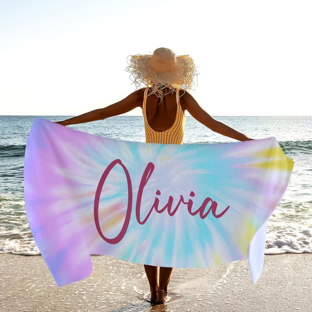 Custom Tie Dye Beach Towel Personalized Name Text Microfiber Bath Towels Soft Quick Dry Swimming Pool Lounger All Season Use