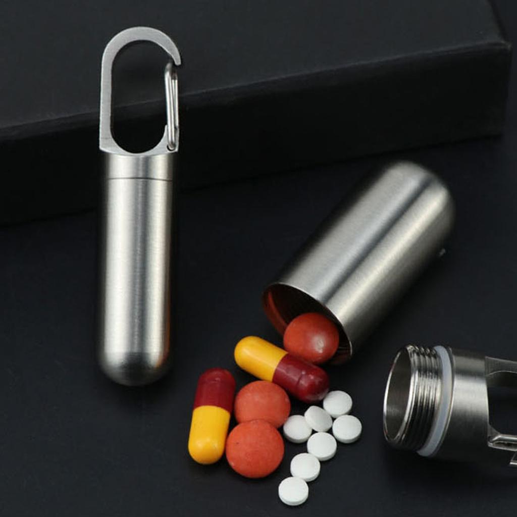 Stainless Steel Pill Case Keychain Container Portable Waterproof Medicine Storage Box with Carabiner Clip for Outdoor Travel