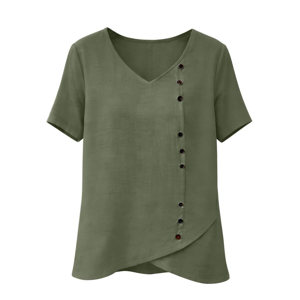 Top Camiseta Feminina Manga Curta Botões Gola V Algodão e Linho