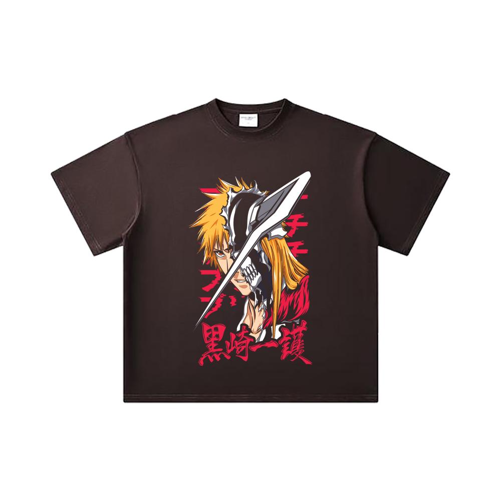 260 GSM Double Yarn 32 Count 100% Cotton Bleach V4 Ichigo Print Unisex Heavy Cotton T Shirt