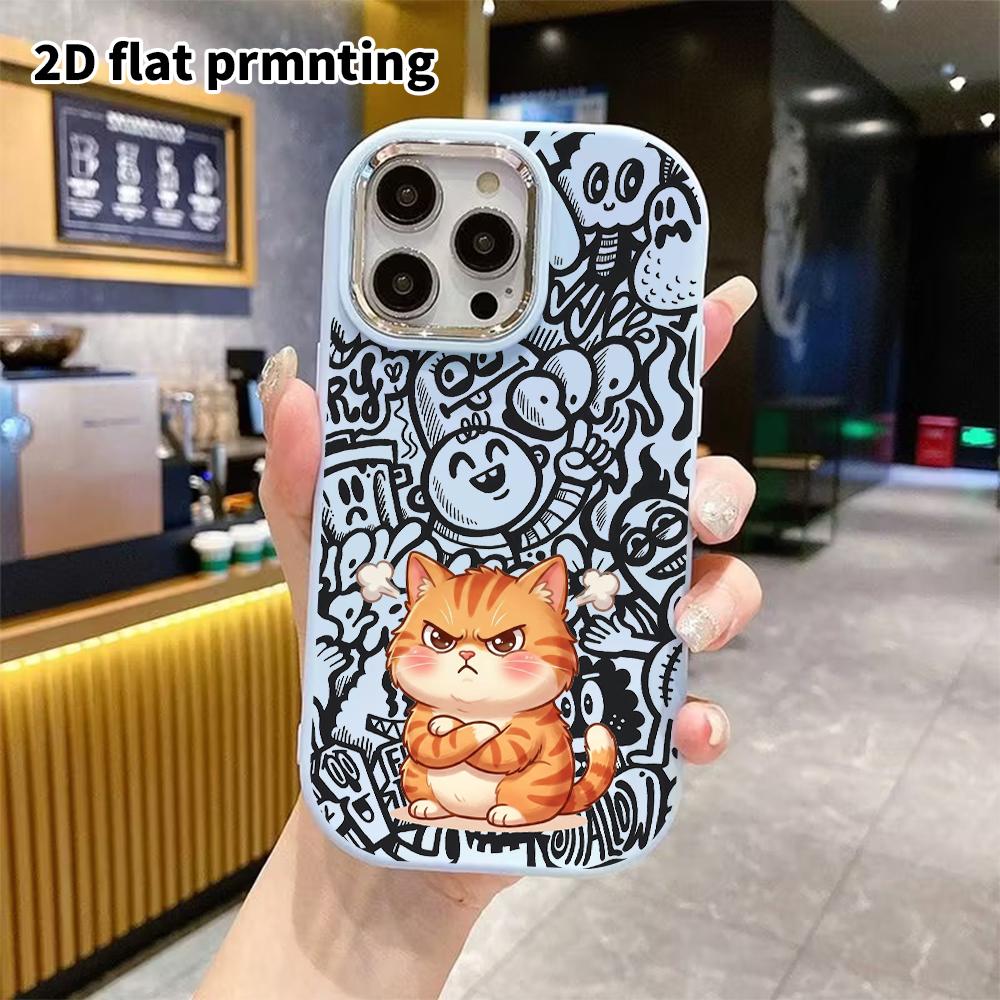 Phone case: 2D flat design suitable for iPhone 18 17 16 15 14 13 Pro protective case, couple style, grumpy orange cat, Christmas and Halloween gifts