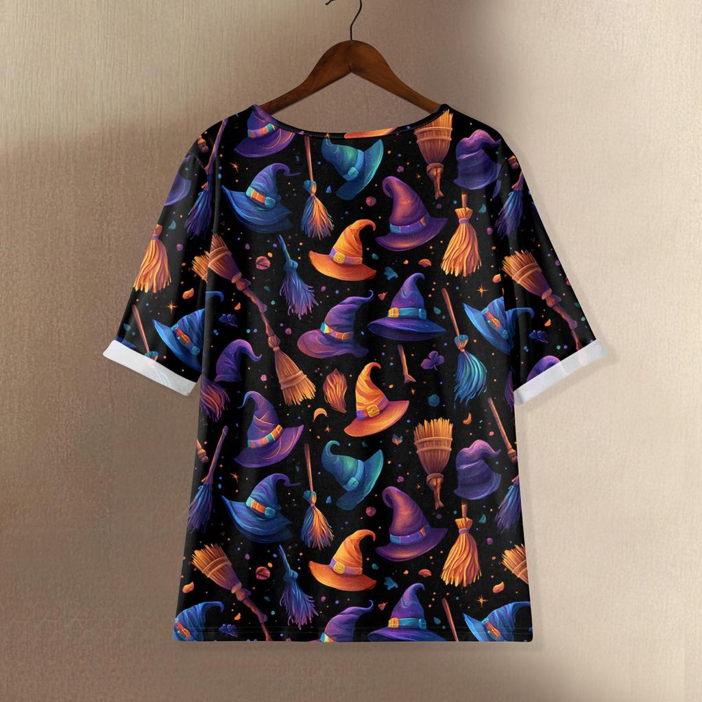 Women's Casual Mid Sleeved Round Neck Halloween Printed Cotton And Linen Top