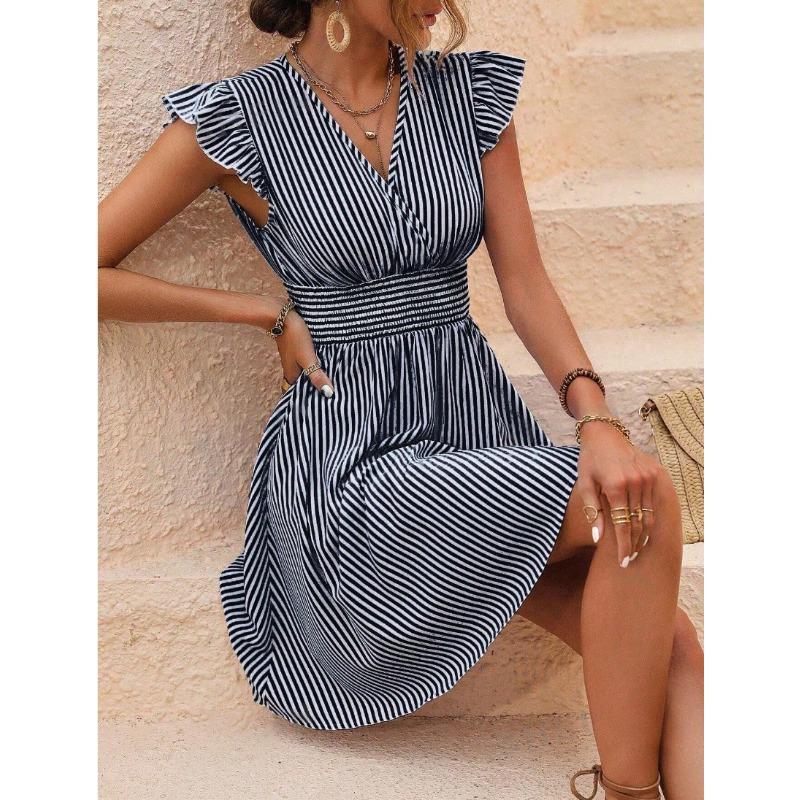 

Женское летнее платье в полоску с рукавами-бабочками, синее, черное, элегантное платье с V-образным вырезом XL
