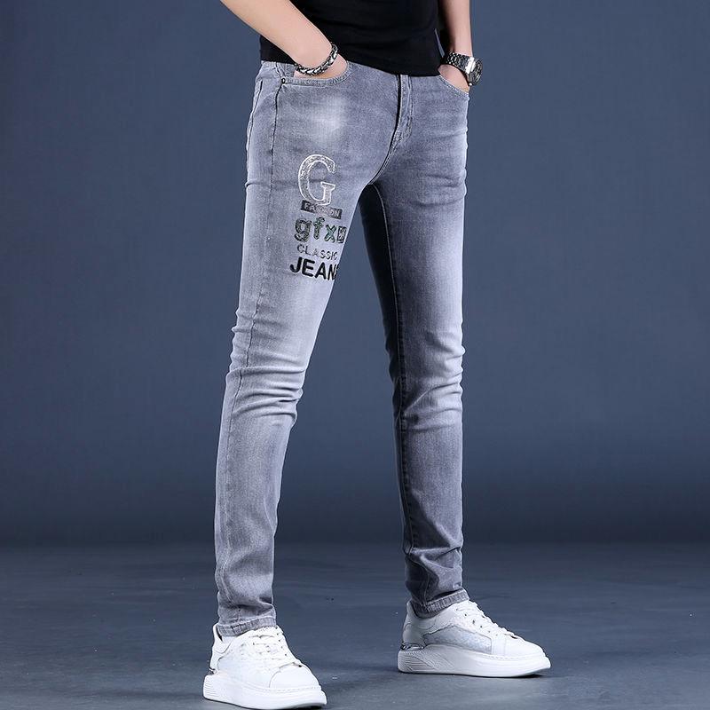 Sommer Hot Drill Druck High-End-Herrenjeans Männer Flut Slim kleine Fußlochhose Trendhose