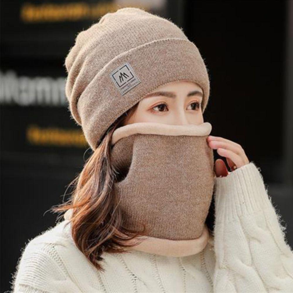 Thicken Plus Velvet Scarf Warm Knit Hat Cold-proof Neck Cover Solid Color Beanies Caps  Mens Womens