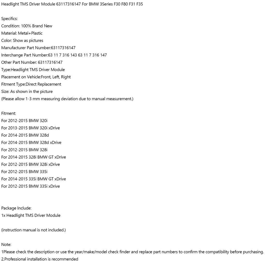 Headlight TMS Driver Module 63117316147 For BMW 3Series F30 F80 F31 F35